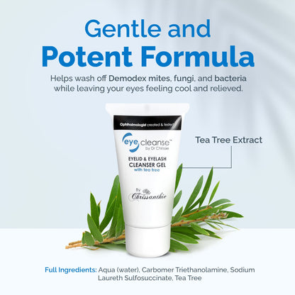 Dr Chrissie EyeCleanse 30ml package showing citrus and tea tree extract callouts