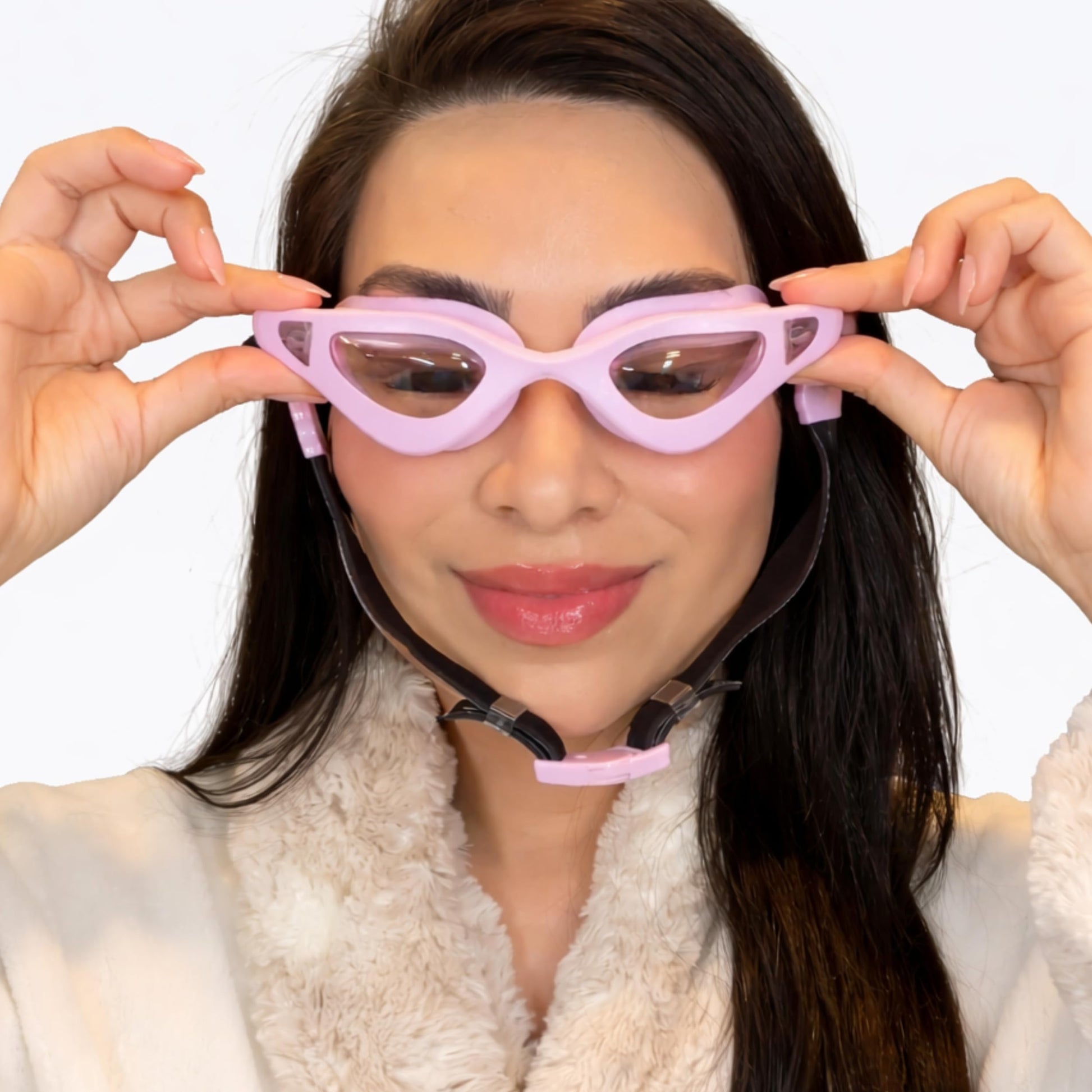 Lasting Lashes goggles demonstrating secure fit on model
