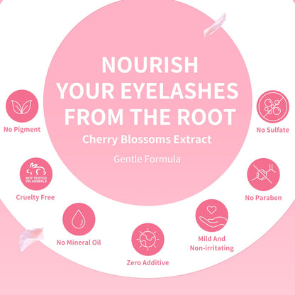 Oil free eyelash cleanser foam being dispensed from the pink cherry blossom bottle