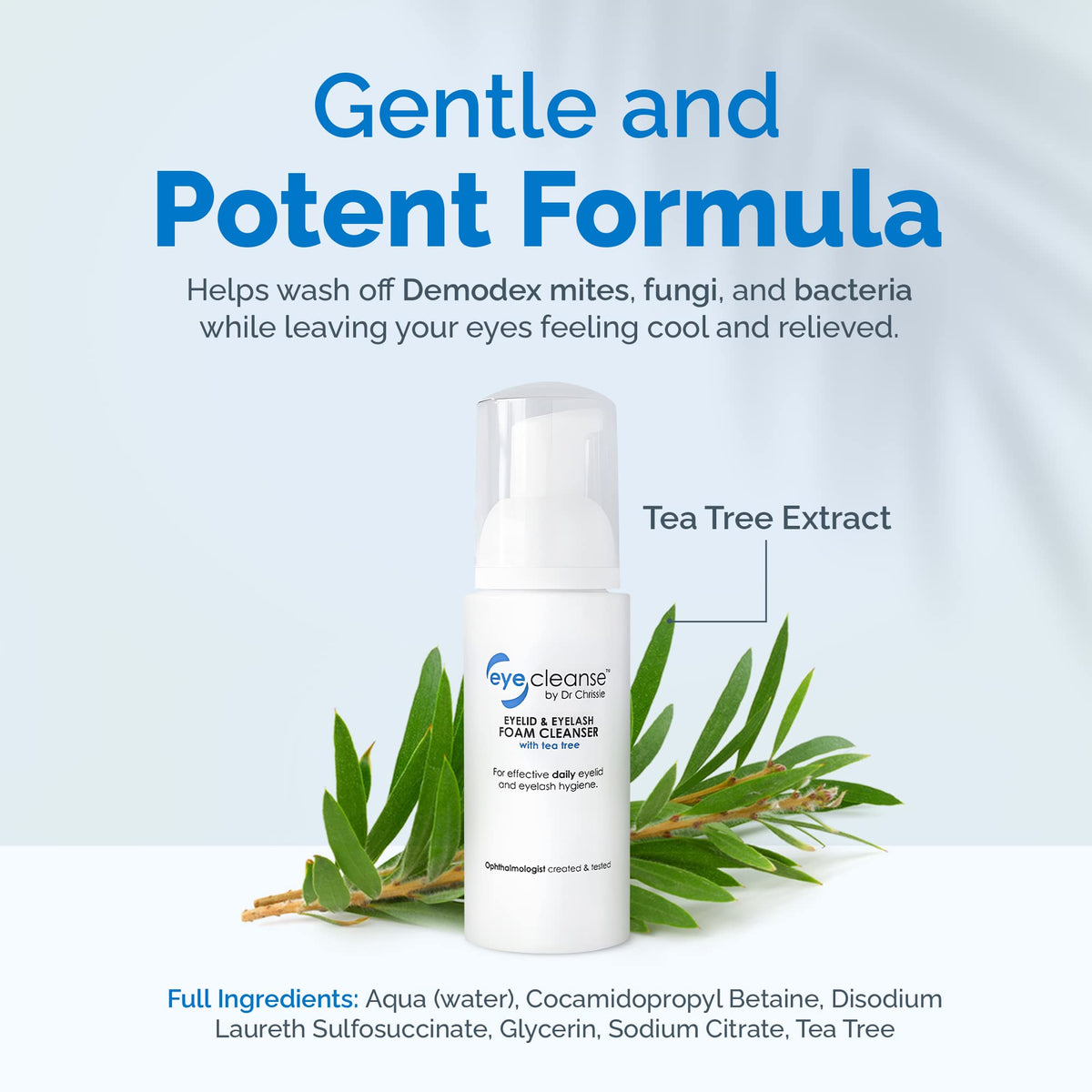 Dr Chrissie eye cleanser product label showing tea tree oil ingredients
