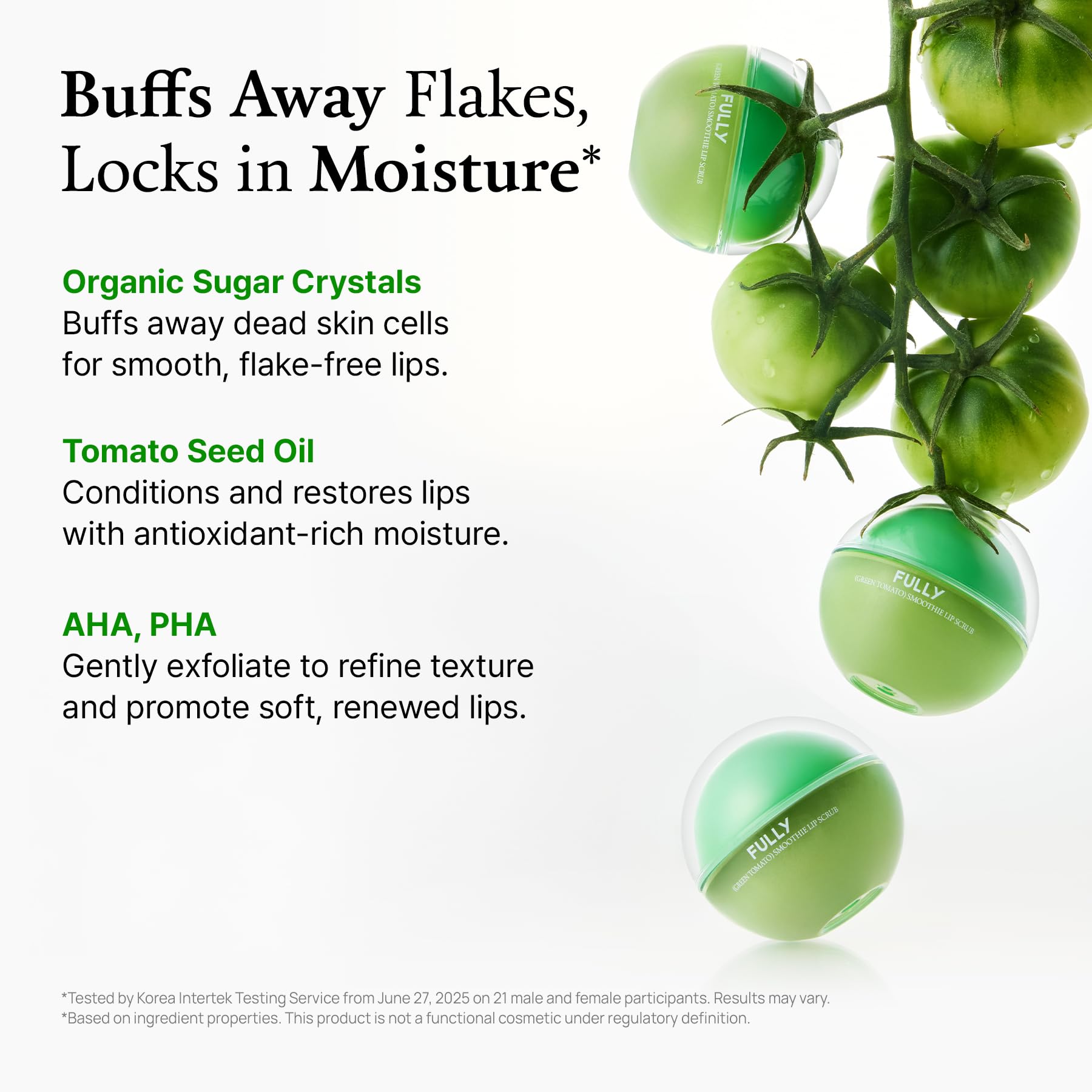 User applying Fully Green Tomato lip exfoliator on lips