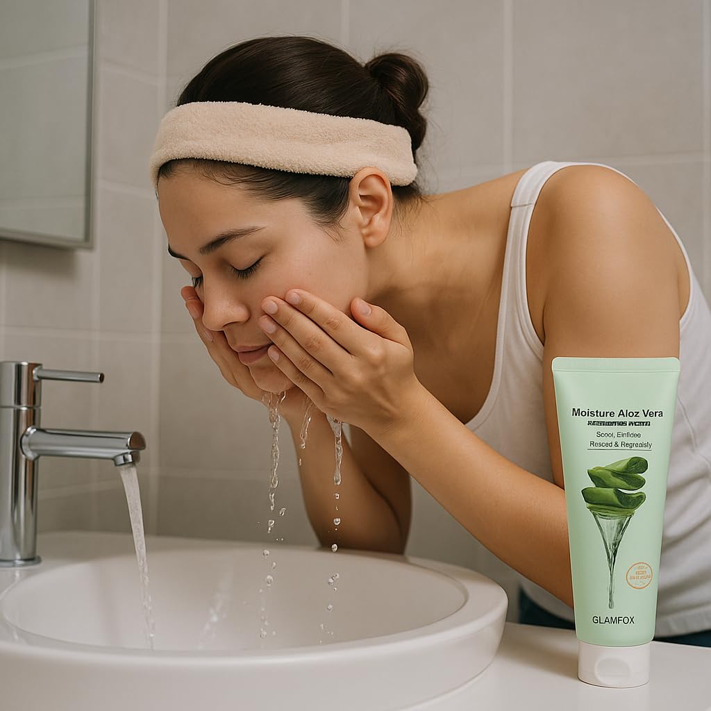 Glamfox Moisture Aloe Vera Cleansing Foam ingredient and detail text display on the back of the tube.