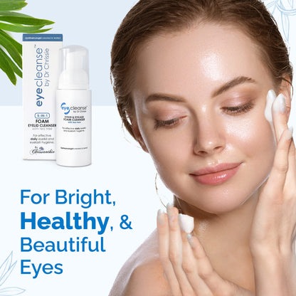 Authentic USA imported eye hygiene foam cleanser displayed on a clean countertop.