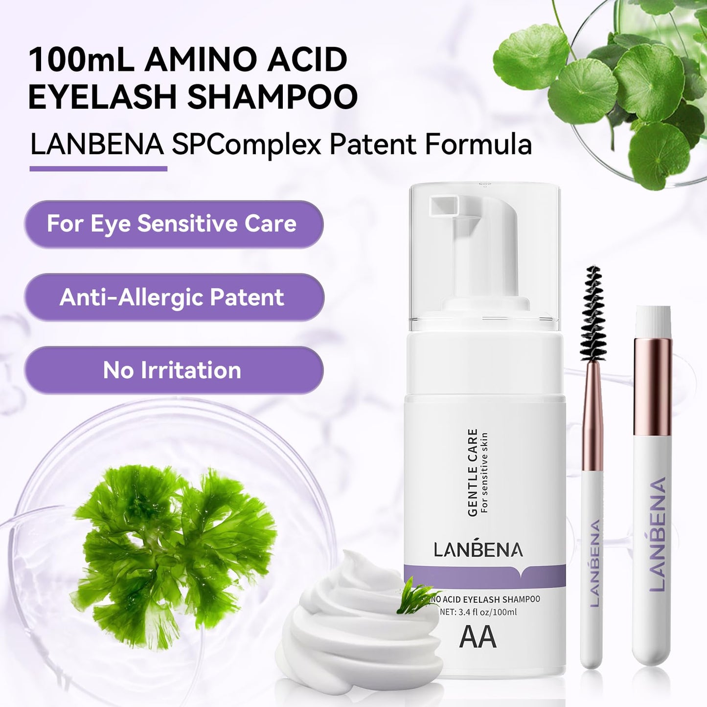 LANBENA foaming lash bath pump bottle with ultra soft cleaning brush