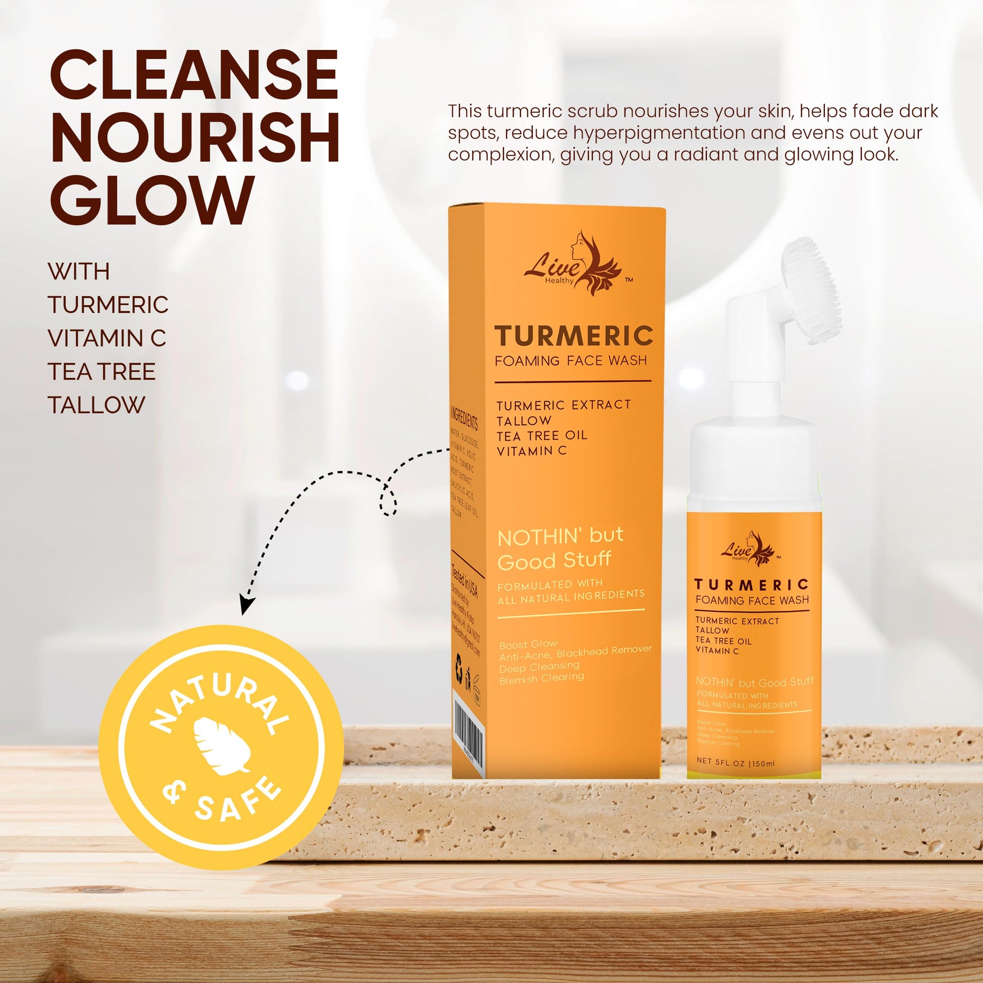 Close up of Live Healthy turmeric face wash foam texture
