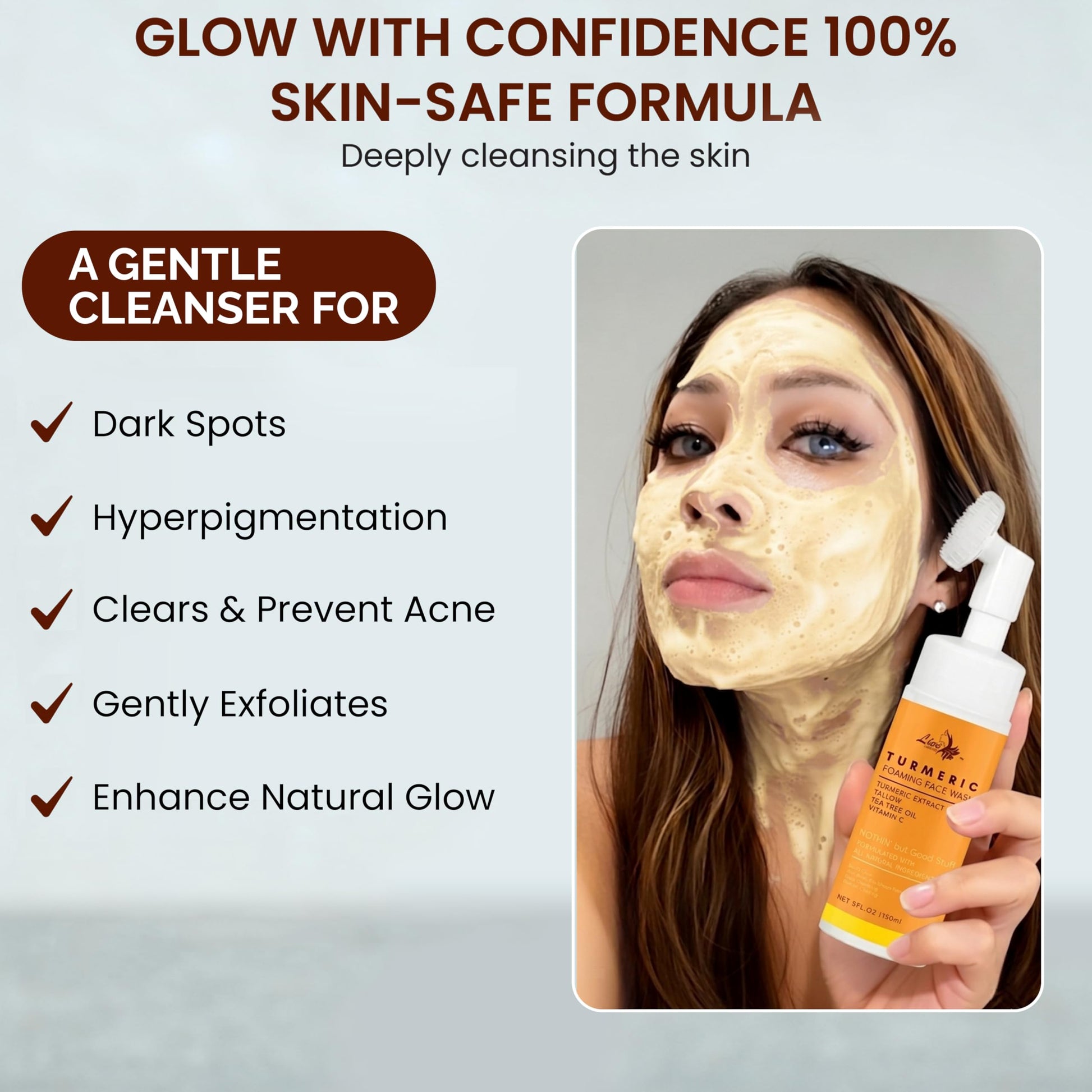 Live Healthy turmeric facial cleanser being applied with silicone brush