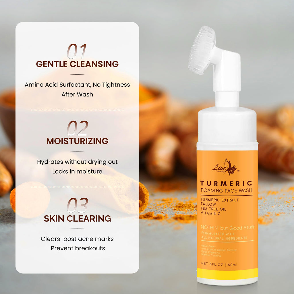Live Healthy turmeric foaming face wash texture showcase with rich foam