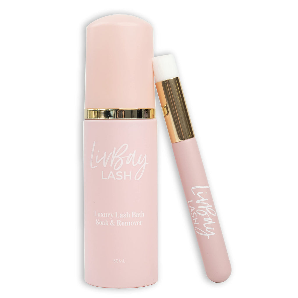 LivBay fifty milliliter lash wash bottle shown alongside its packaging box