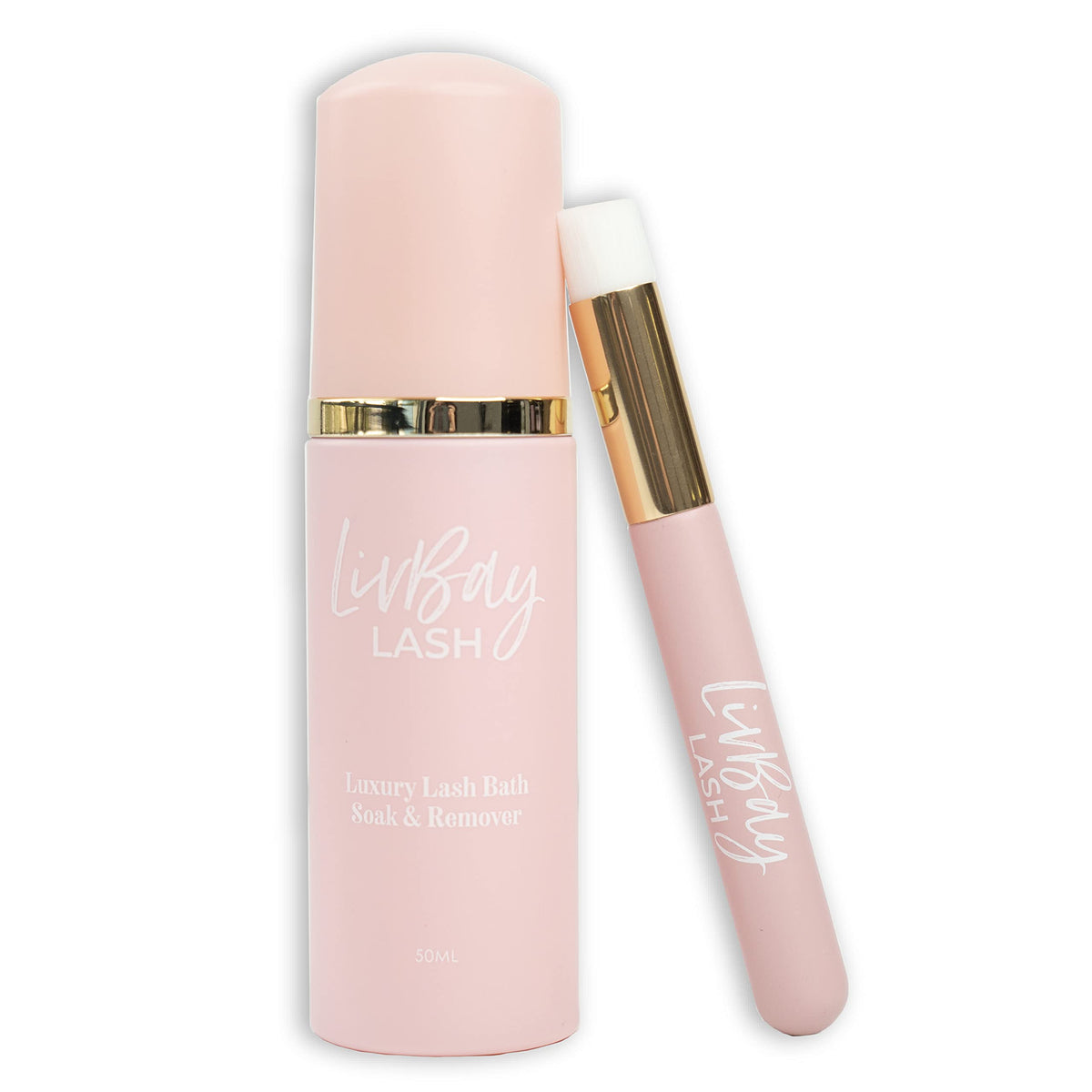 LivBay fifty milliliter lash wash bottle shown alongside its packaging box