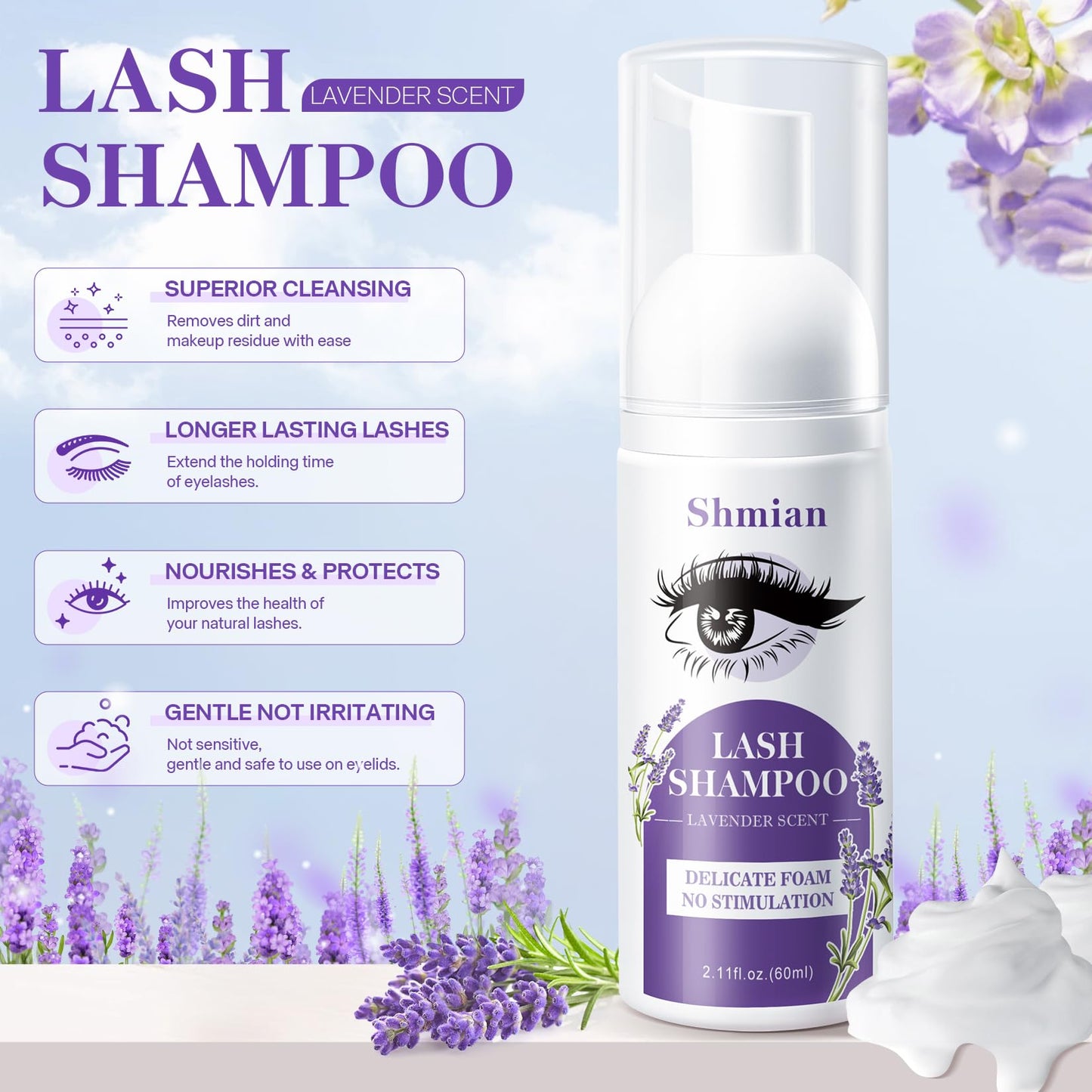 Shmian lavender lash shampoo foam being dispensed for gentle eye makeup removal