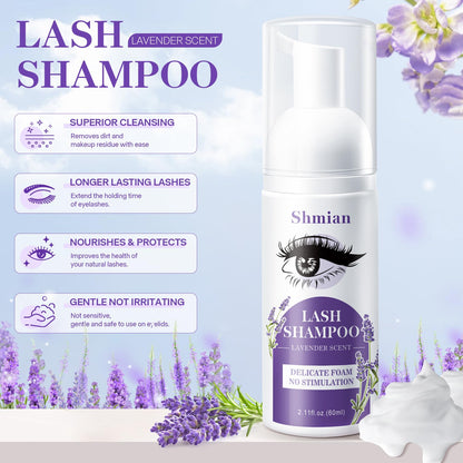 Shmian lavender lash shampoo foam being dispensed for gentle eye makeup removal