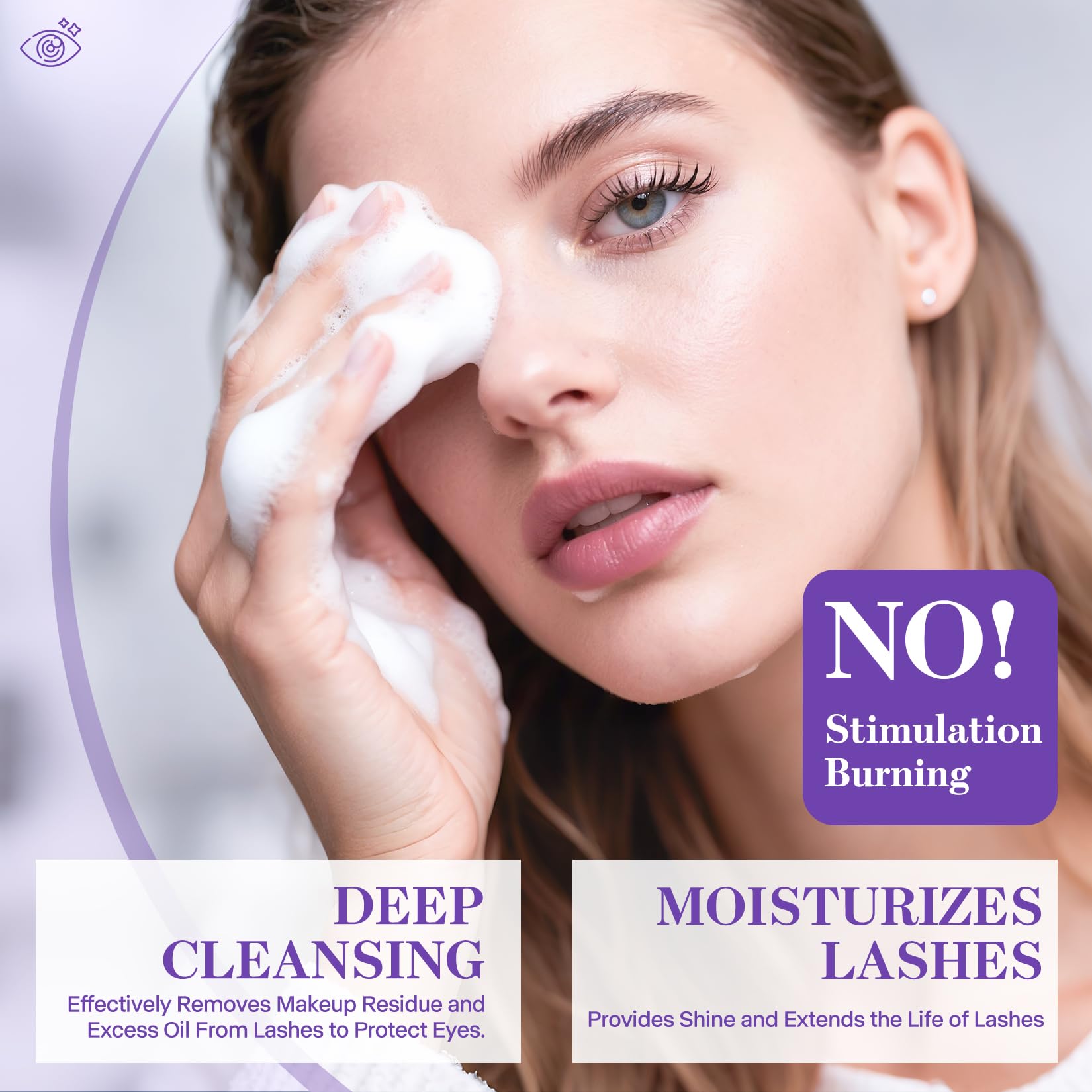 Oil free lavender foaming cleanser close up for long lasting eyelash extension maintenance
