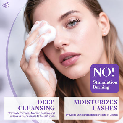 Oil free lavender foaming cleanser close up for long lasting eyelash extension maintenance