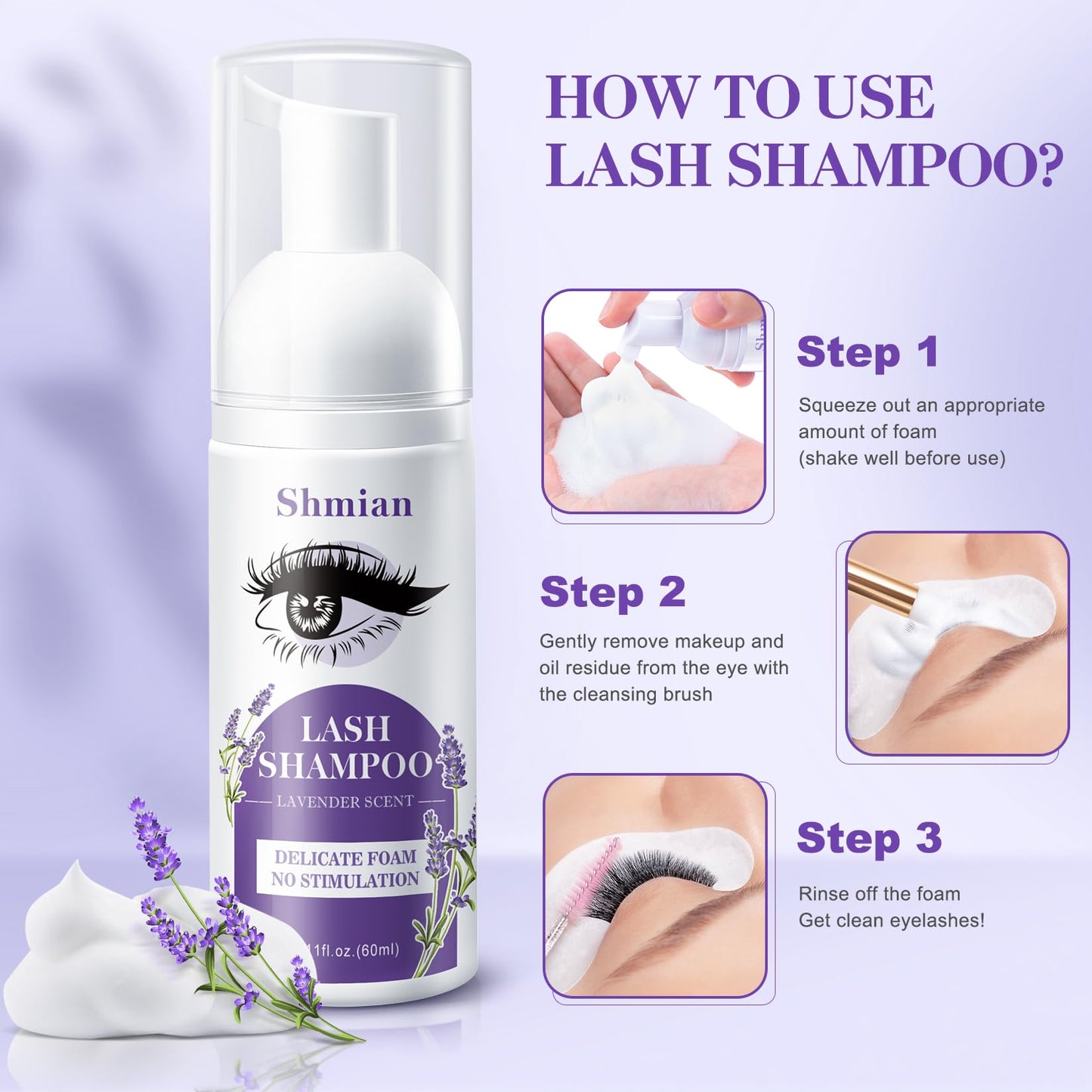 Gentle sulfate free lash shampoo application on natural lashes and eyelids