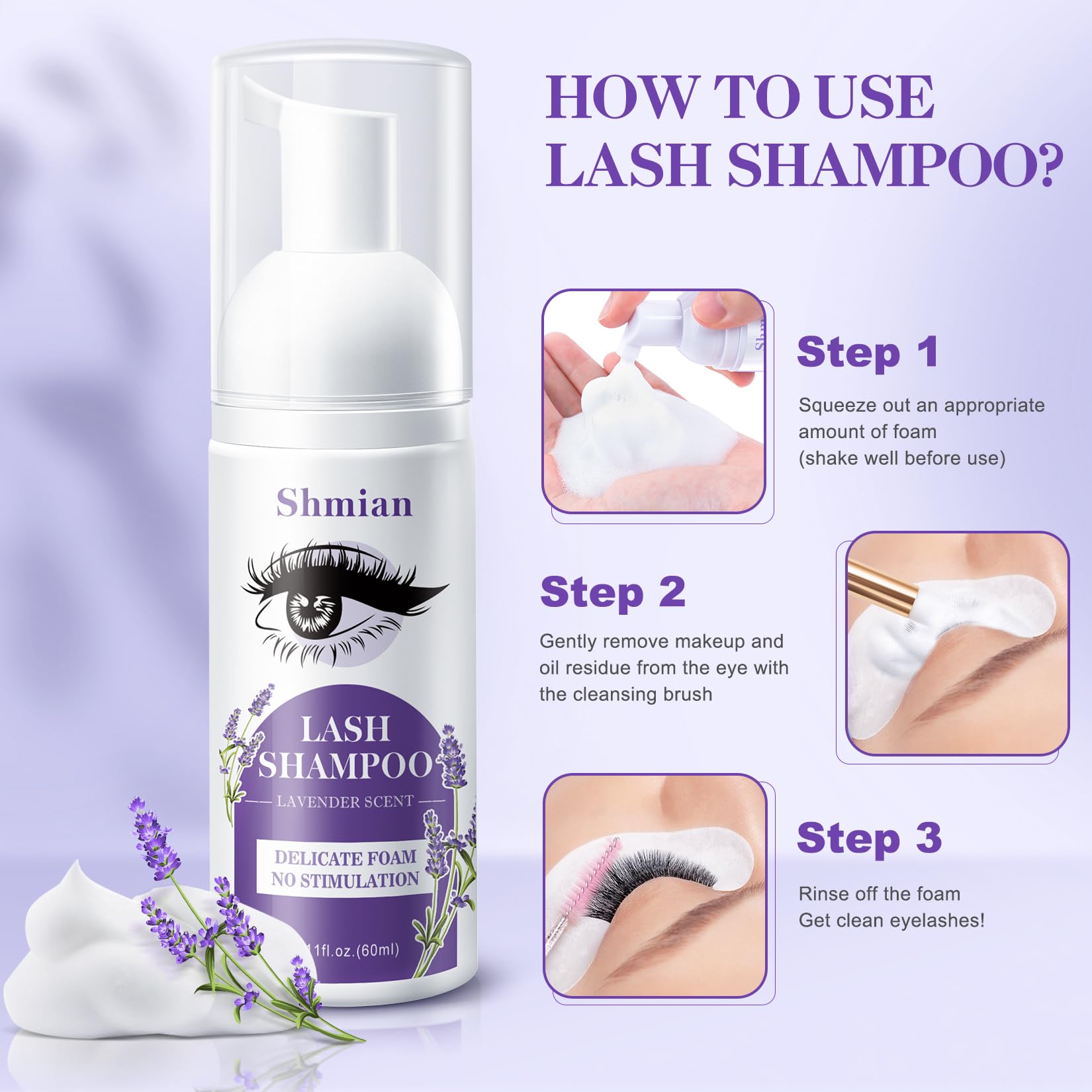 Gentle sulfate free lash shampoo application on natural lashes and eyelids