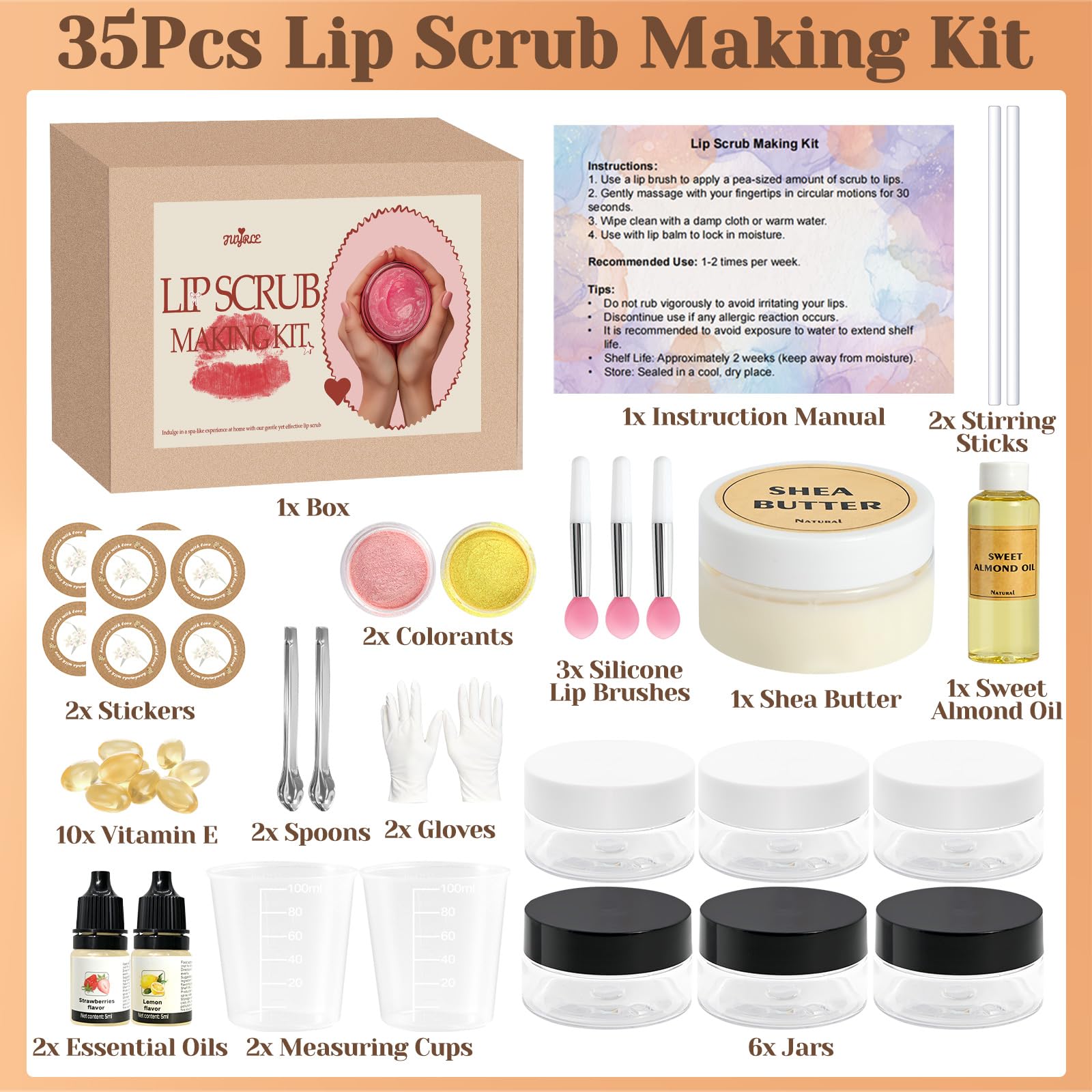 Components and ingredients included in the Juyrle lip scrub kit