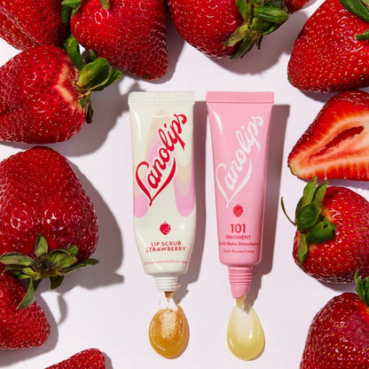 Open jar of Lanolips strawberry lip exfoliator