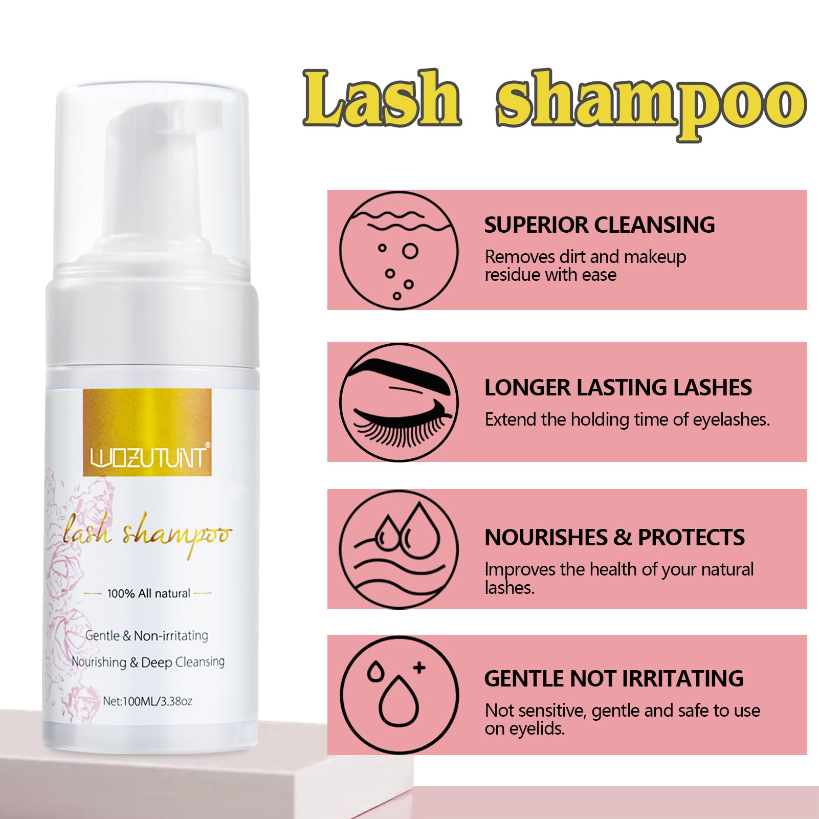 WOZUTUNT 100ml rose scented foaming lash shampoo container with soft white cleanser brush