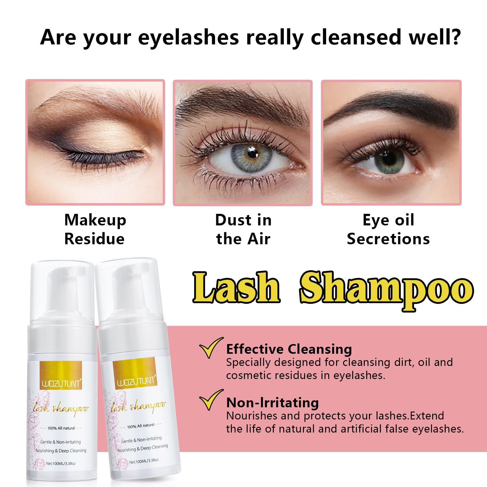 Squeezable clear plastic wash bottle alongside black mascara spoolies for lash grooming