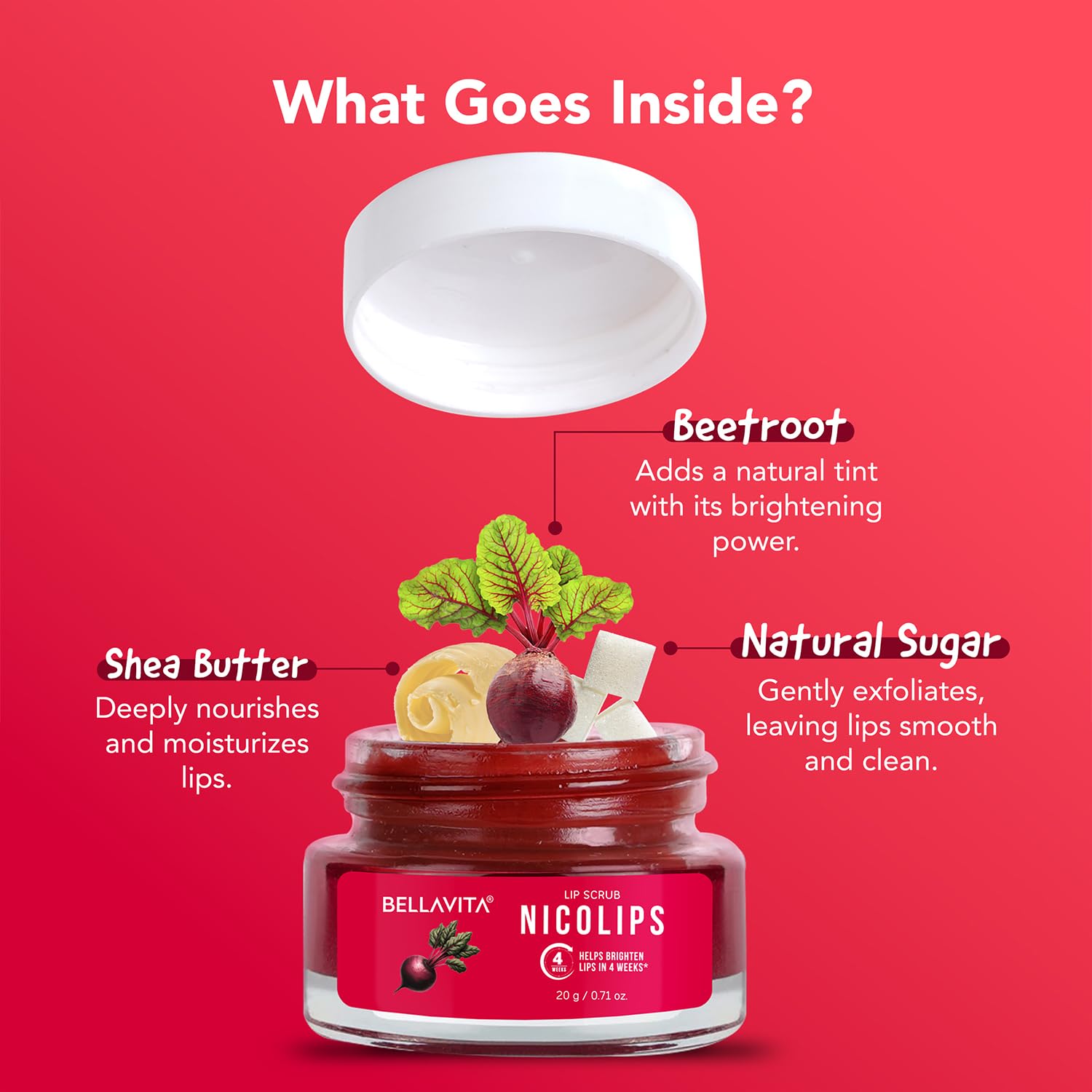 Bella Vita Organic lip scrub showing natural ingredients