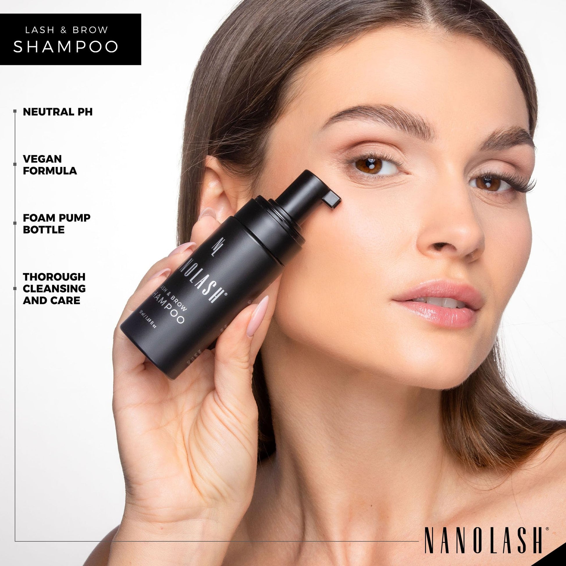 Nanolash foaming lash cleanser pump bottle on white background