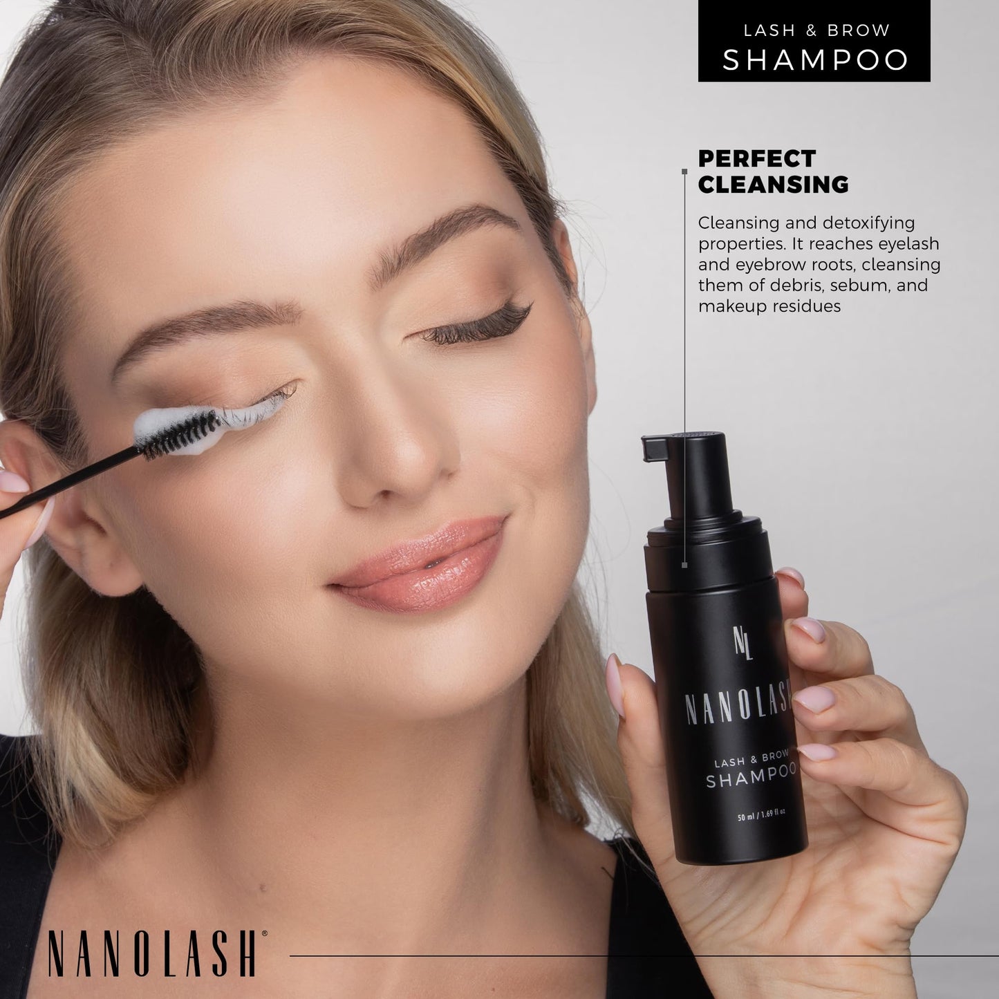 Nanolash Lash and Brow Shampoo packaging and foam texture