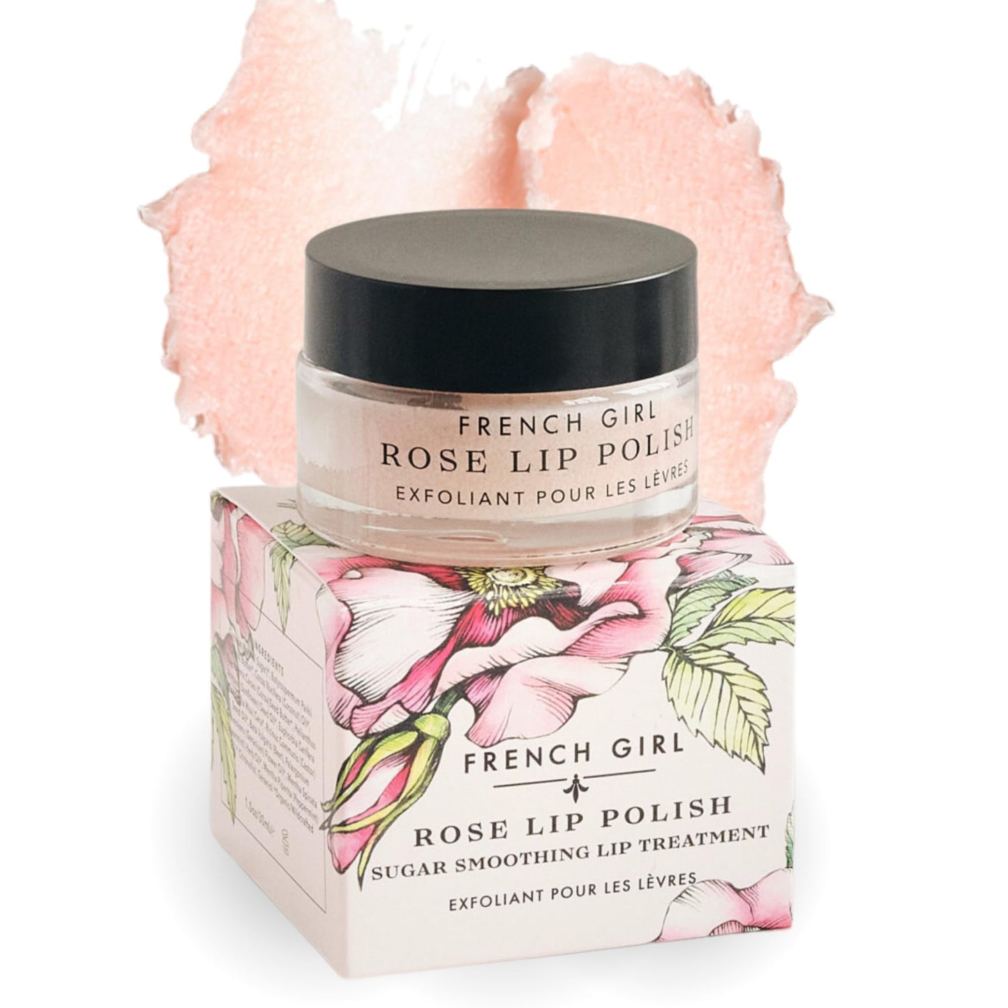 French Girl Rose Lip Polish set against a minimalist background