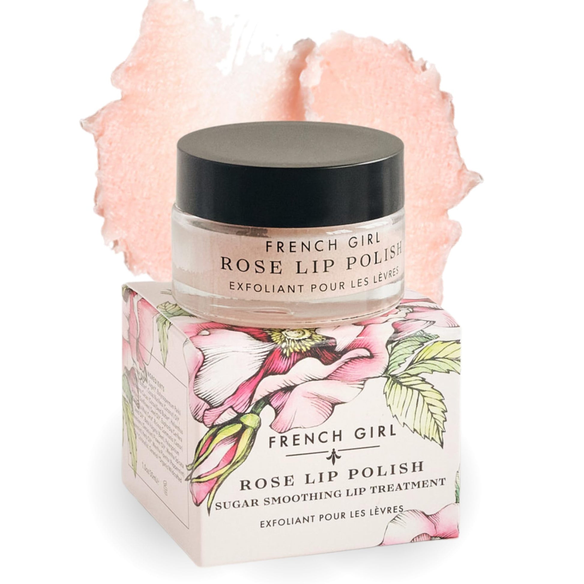 French Girl Rose Lip Polish set against a minimalist background