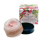 French Girl Organics Rose Lip Polish top-down view of open glass jar