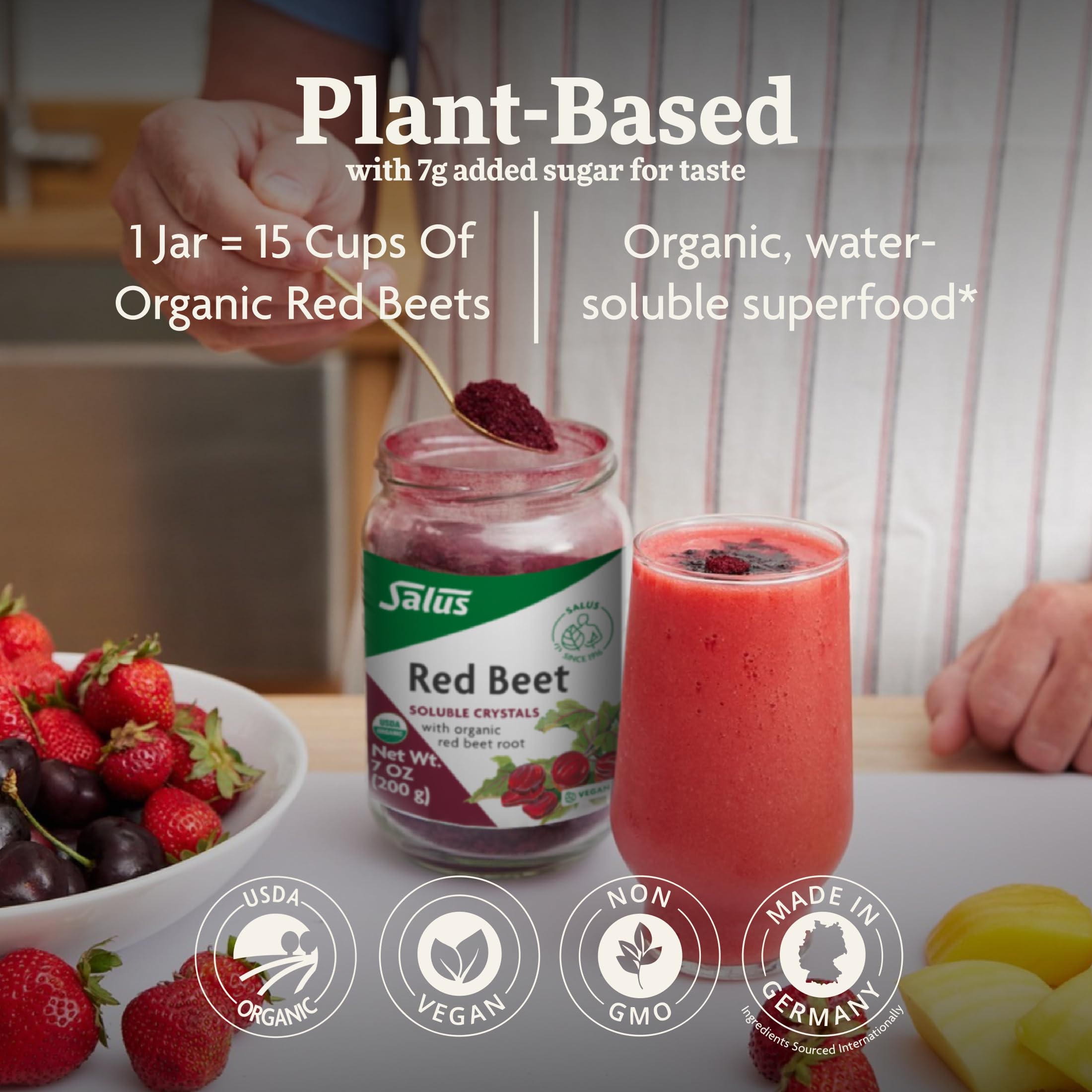 Floradix Salus Organic Red Beet Crystals nutritional drink mix jar showcasing organic certification.