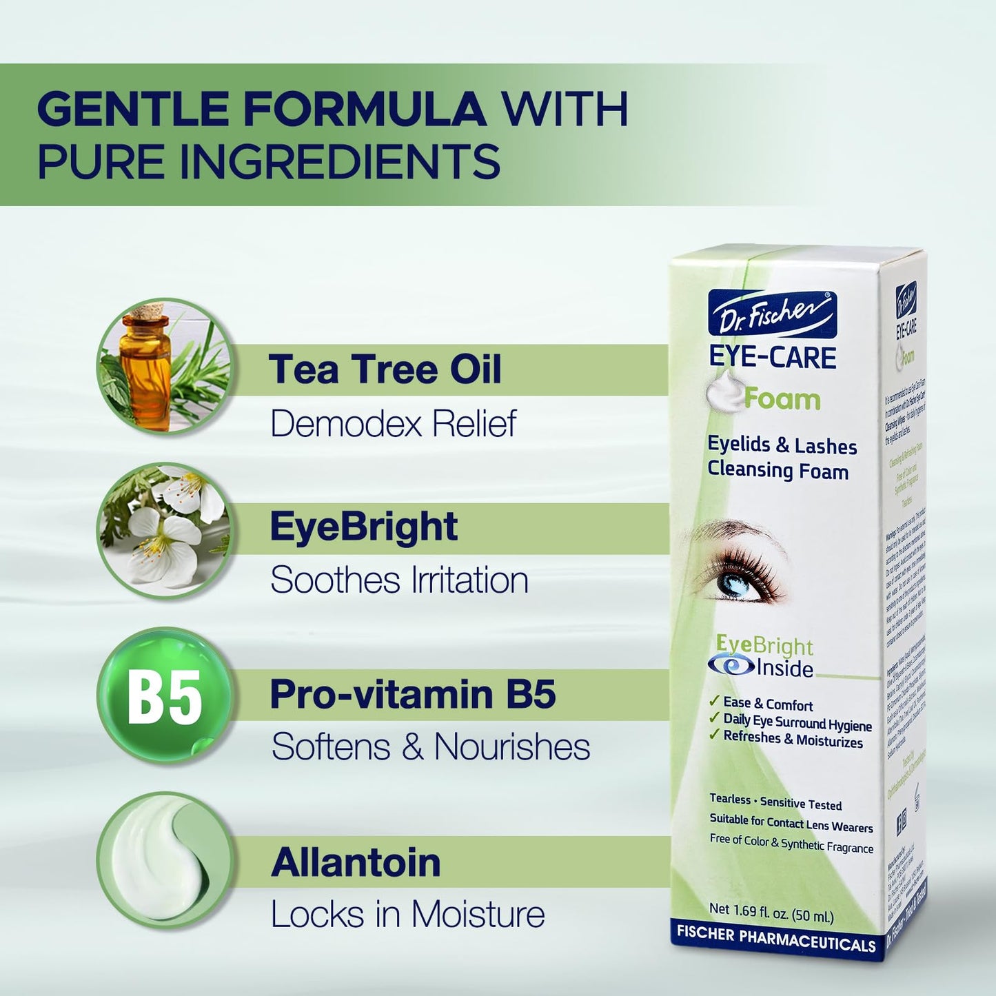Side profile of Dr. Fischer eyelash scrub foam for sensitive eye hygiene.