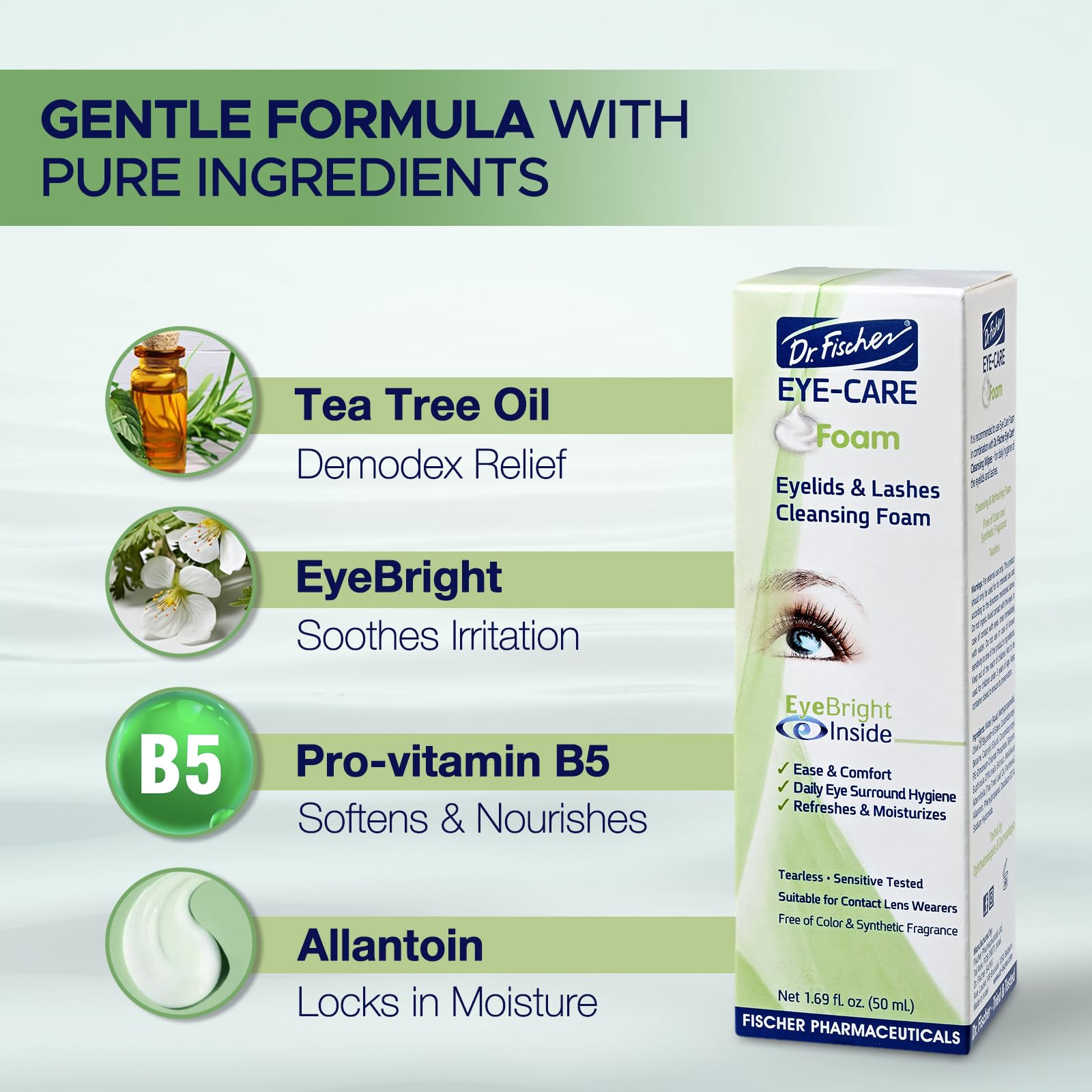 Side profile of Dr. Fischer eyelash scrub foam for sensitive eye hygiene.
