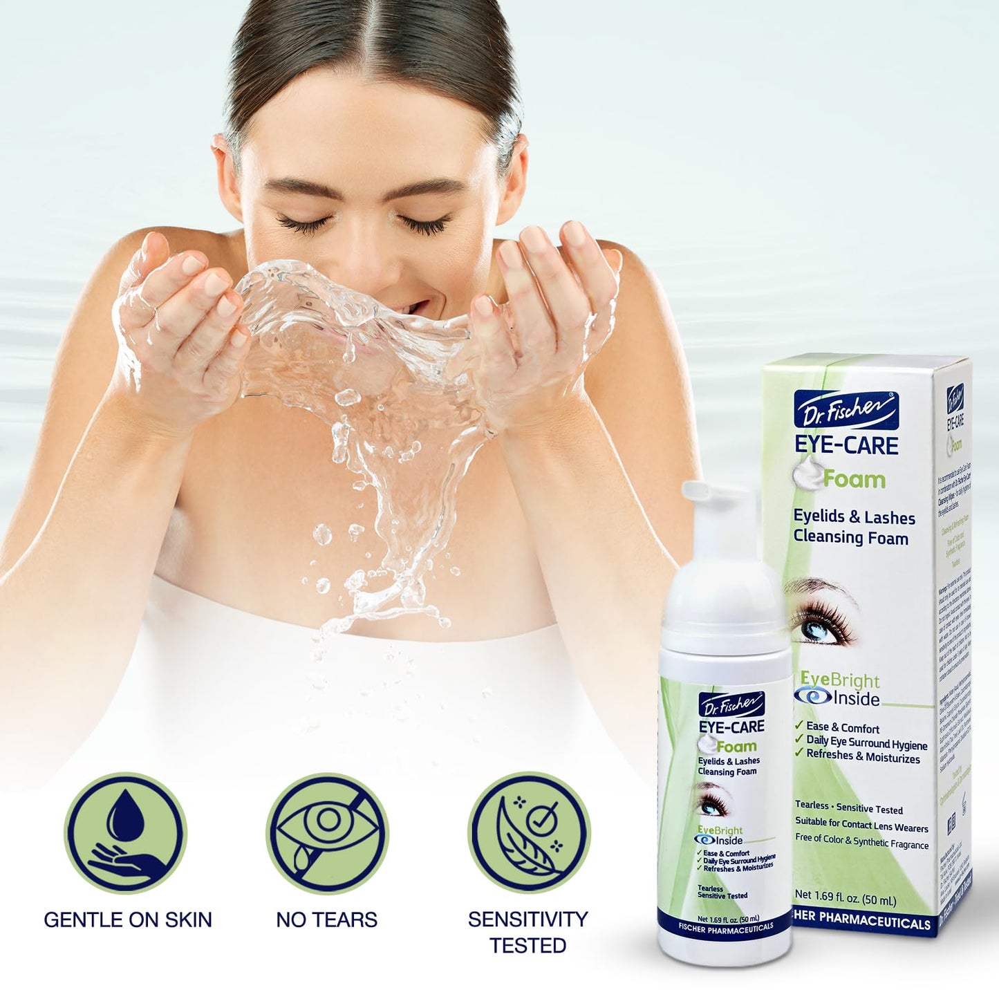 Dr. Fischer tea tree oil eye lid wash pump mechanism dispensing cleanser.