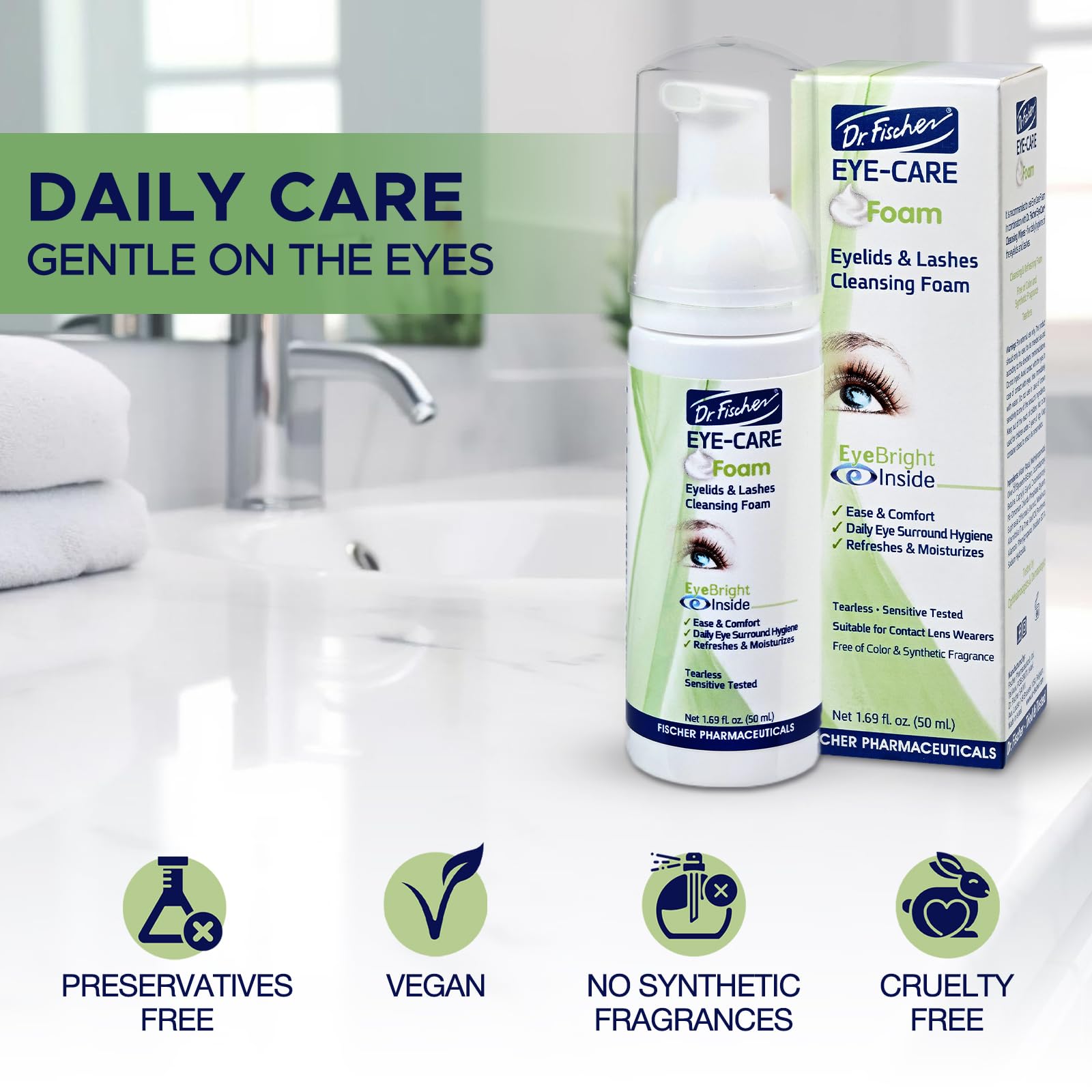 Dr. Fischer eyelid foam cleanser bottle next to its protective outer box.
