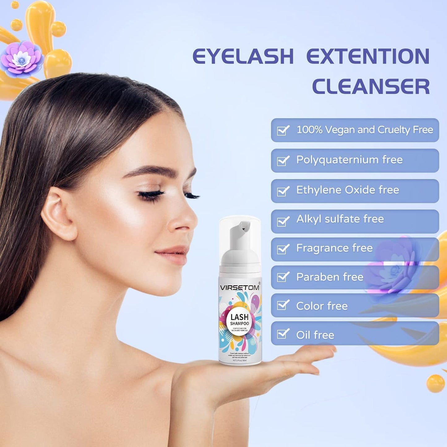 Eyelash extension cleaner kit packaging layout with mascara wand and application tools