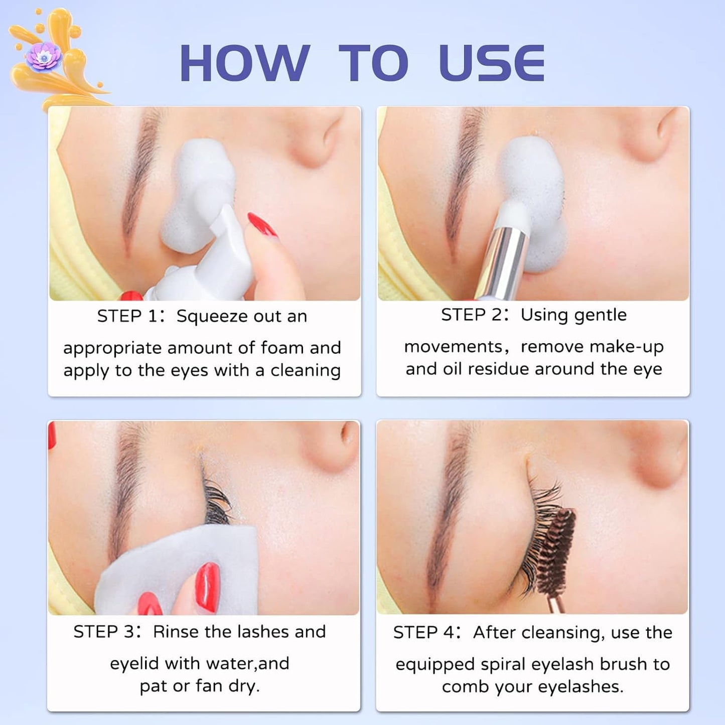 Professional eyelash extension shampoo for salon and home aftercare use visual instructions