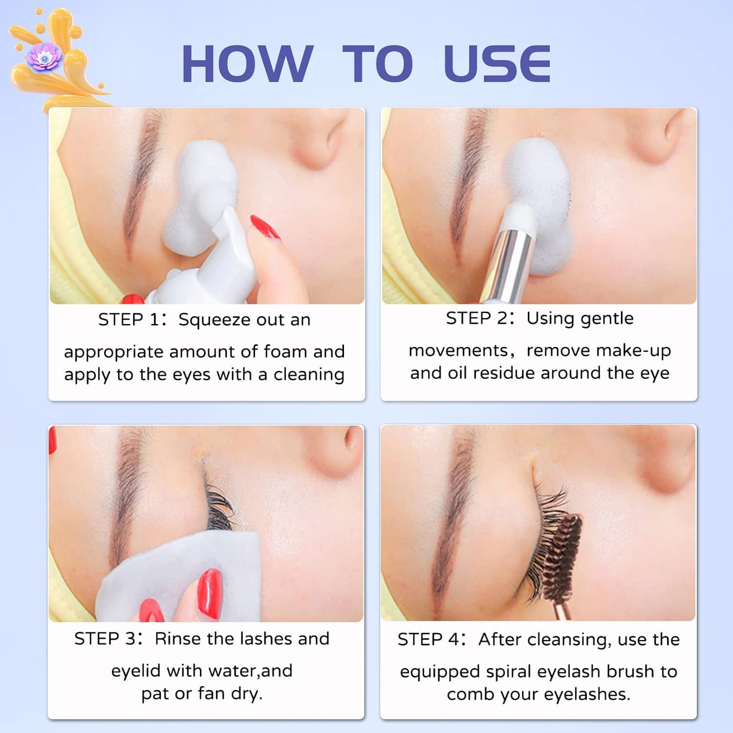 Professional eyelash extension shampoo for salon and home aftercare use visual instructions