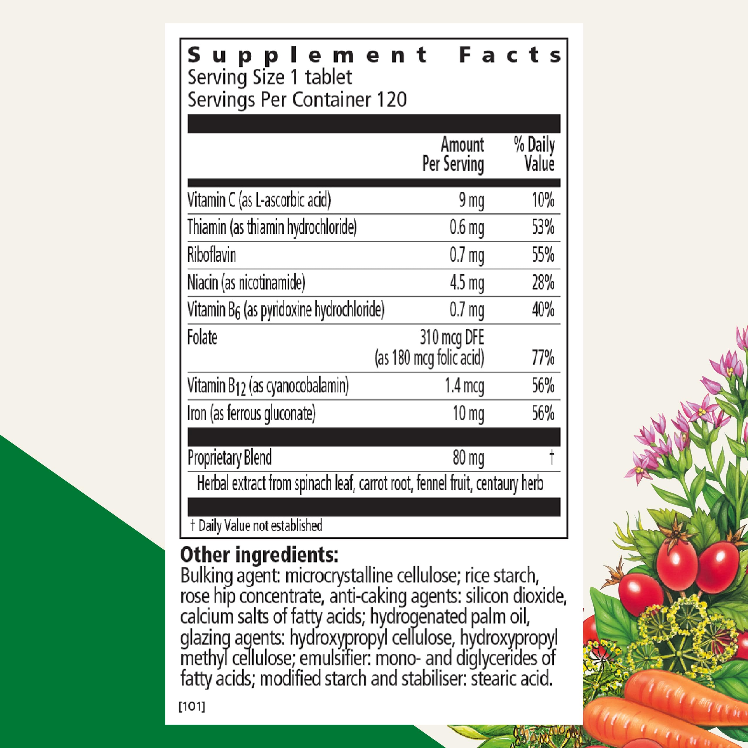 Side view of Floradix vegetarian iron supplement highlighting key vitamin B complex nutritional facts.