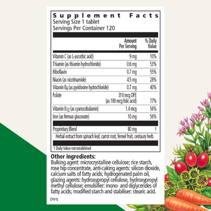 Side view of Floradix vegetarian iron supplement highlighting key vitamin B complex nutritional facts.
