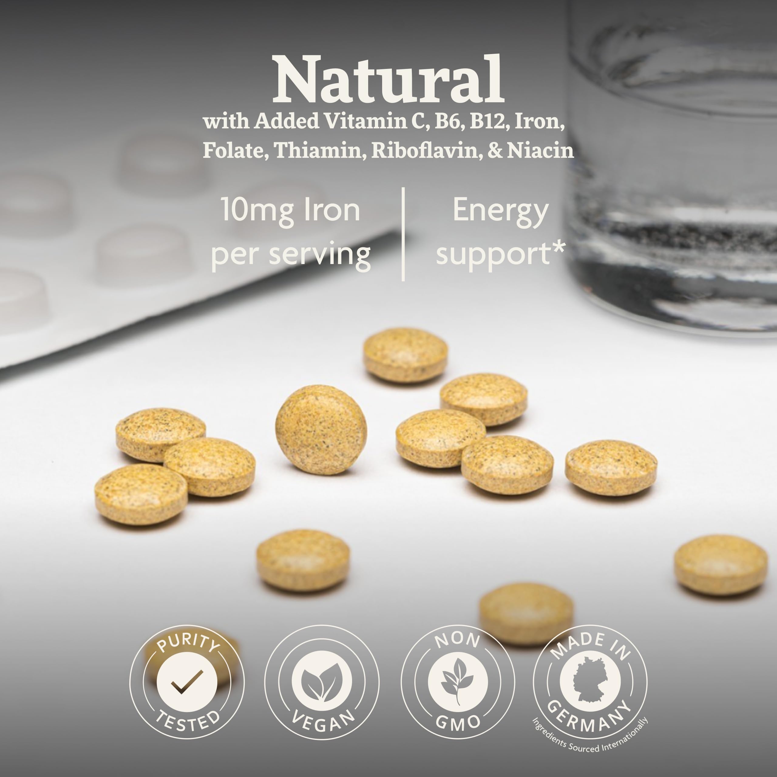 Back label of Salus Floradix Iron plus Herbs formula detailing gluten free and yeast free certification.