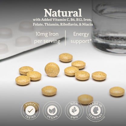 Back label of Salus Floradix Iron plus Herbs formula detailing gluten free and yeast free certification.