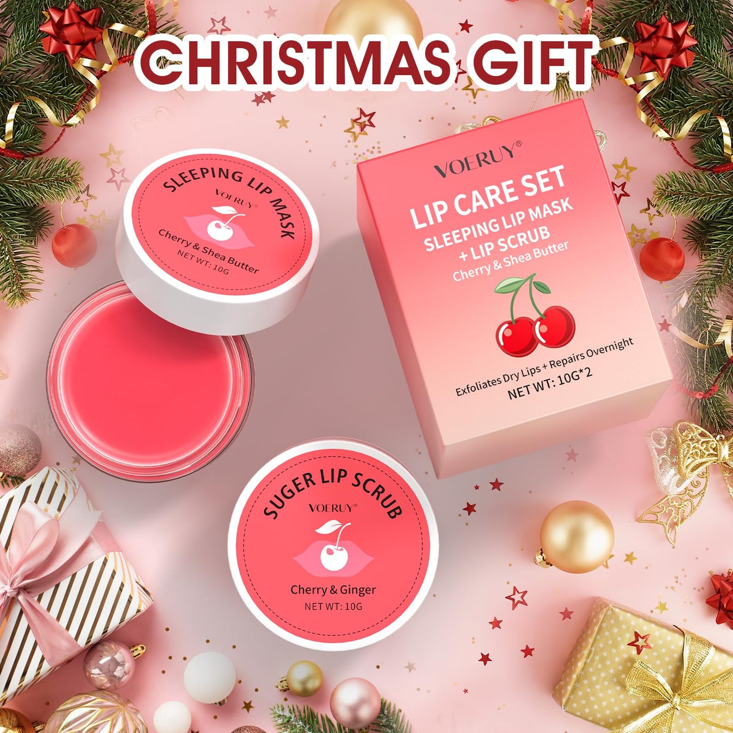 Travel size cherry lip exfoliator and moisturizer