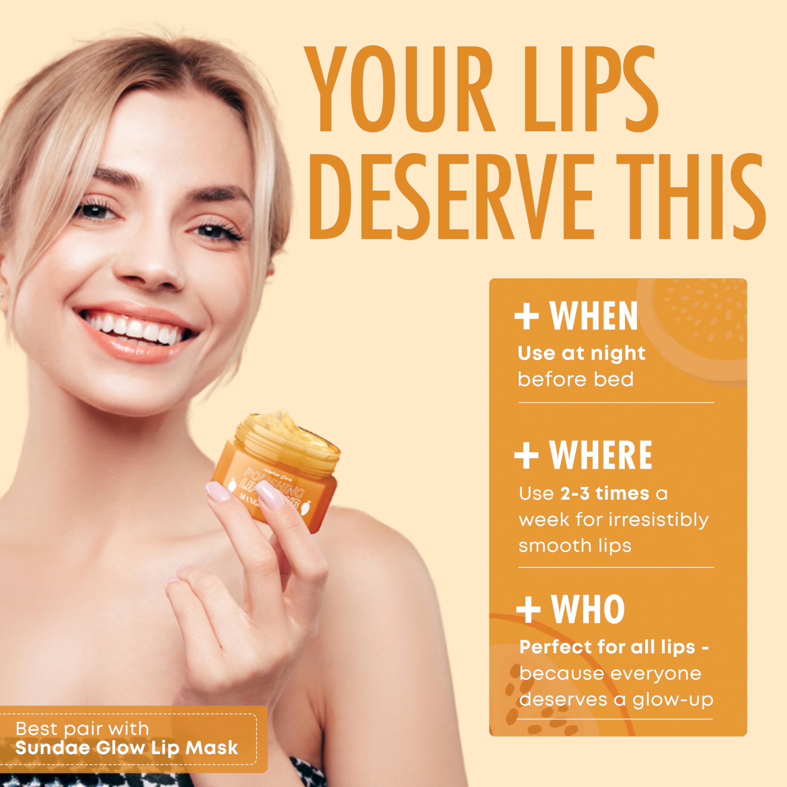 Sundae Glow Mango Vanilla lip scrub lifestyle product shot