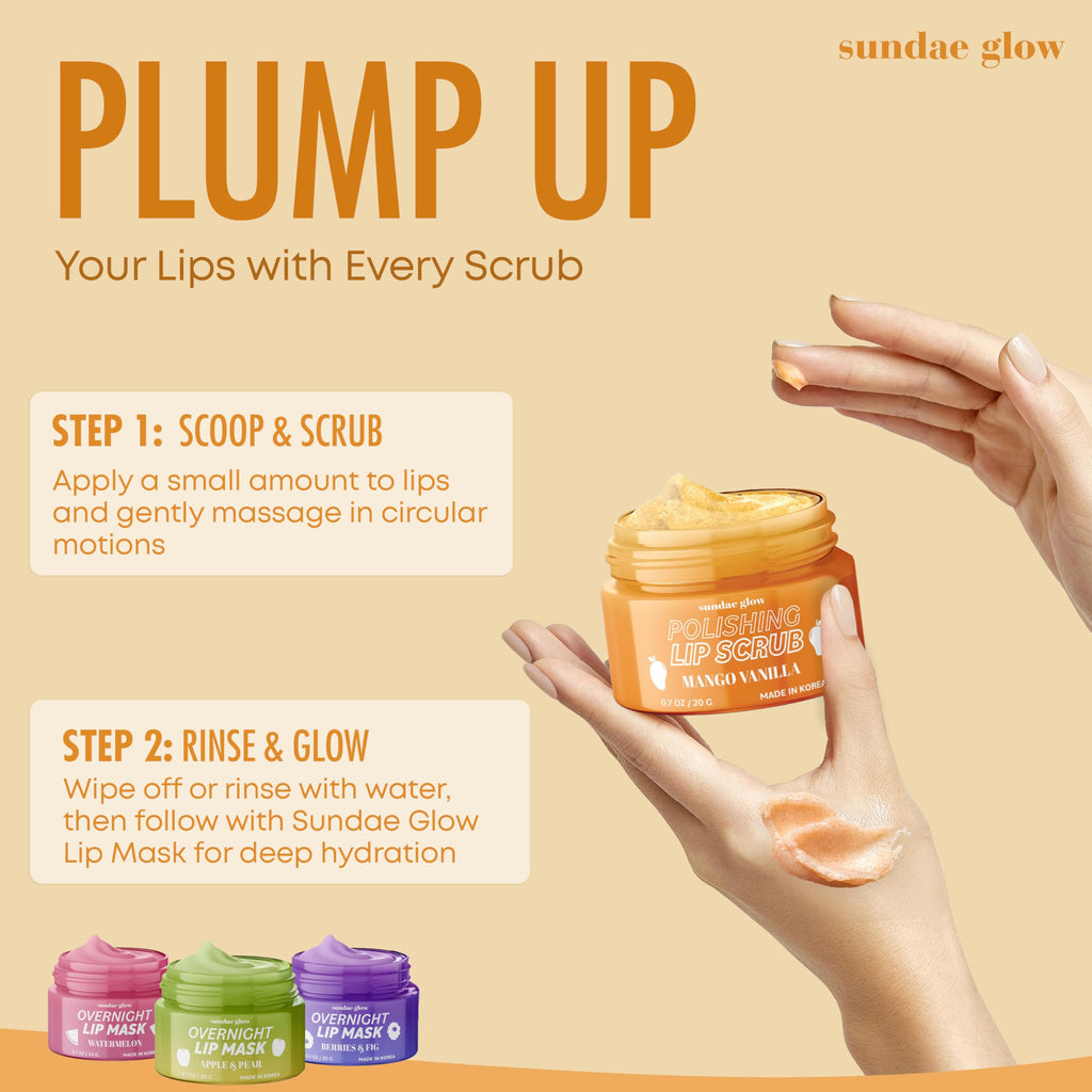 Sundae Glow lip care treatment jar next to natural mango and vanilla