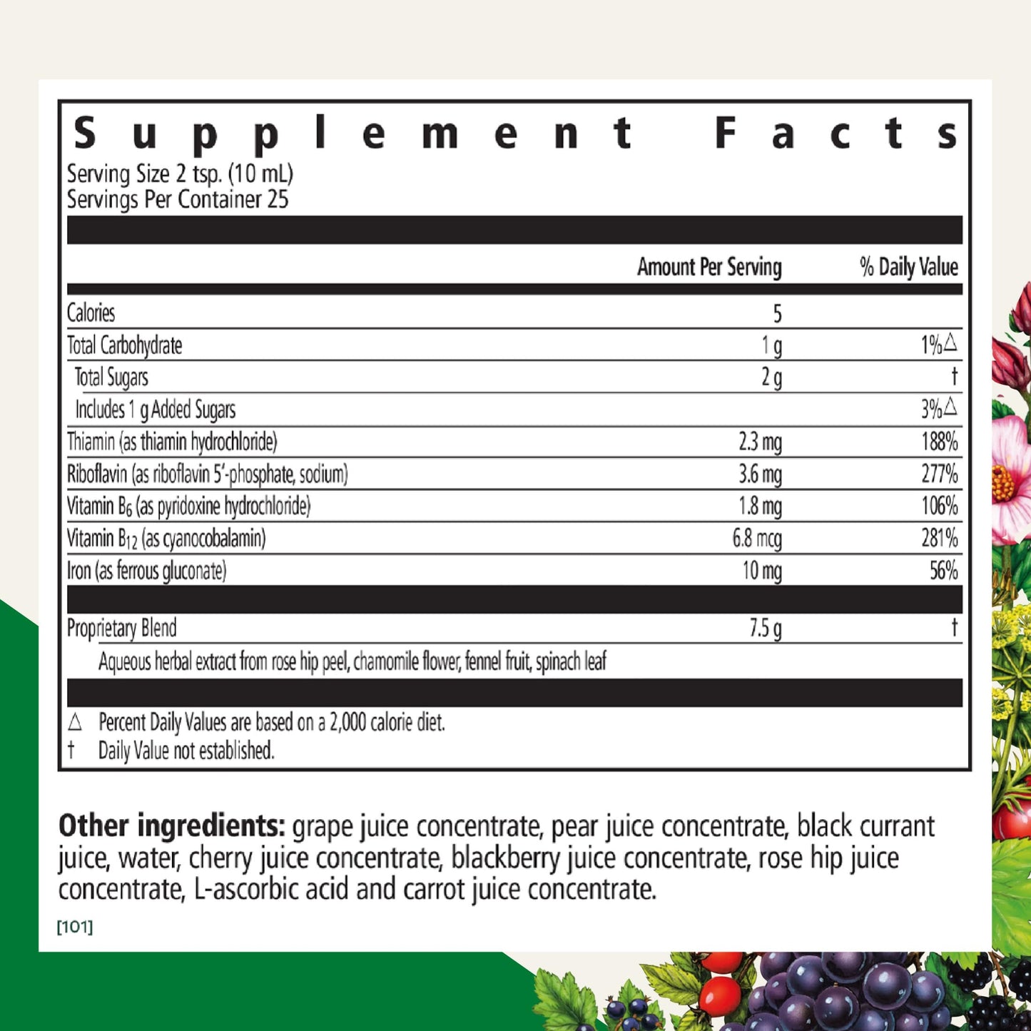 Floradix Floravital Liquid Iron supplement box back panel showing nutritional facts
