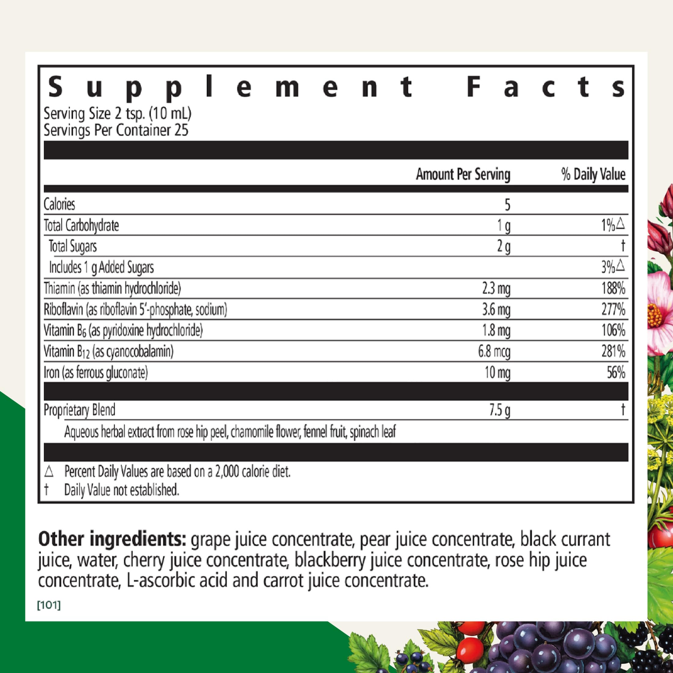 Floradix Floravital Liquid Iron supplement box back panel showing nutritional facts