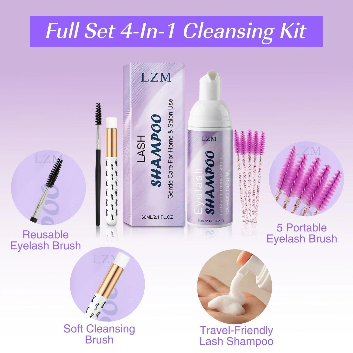LZM lash cleanser foam bottle showing 60ml capacity