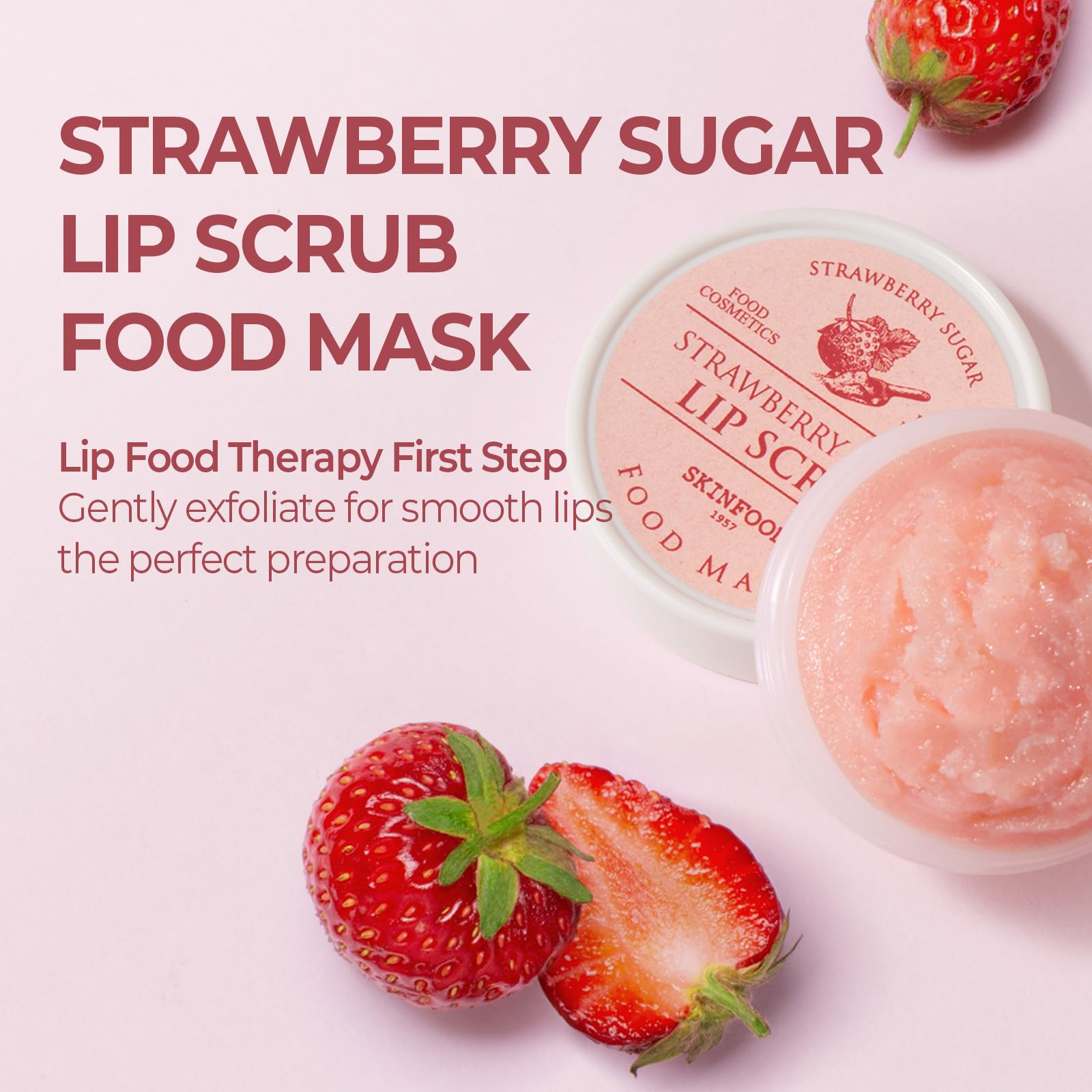 Skinfood strawberry lip scrub jar with sugar texture visible