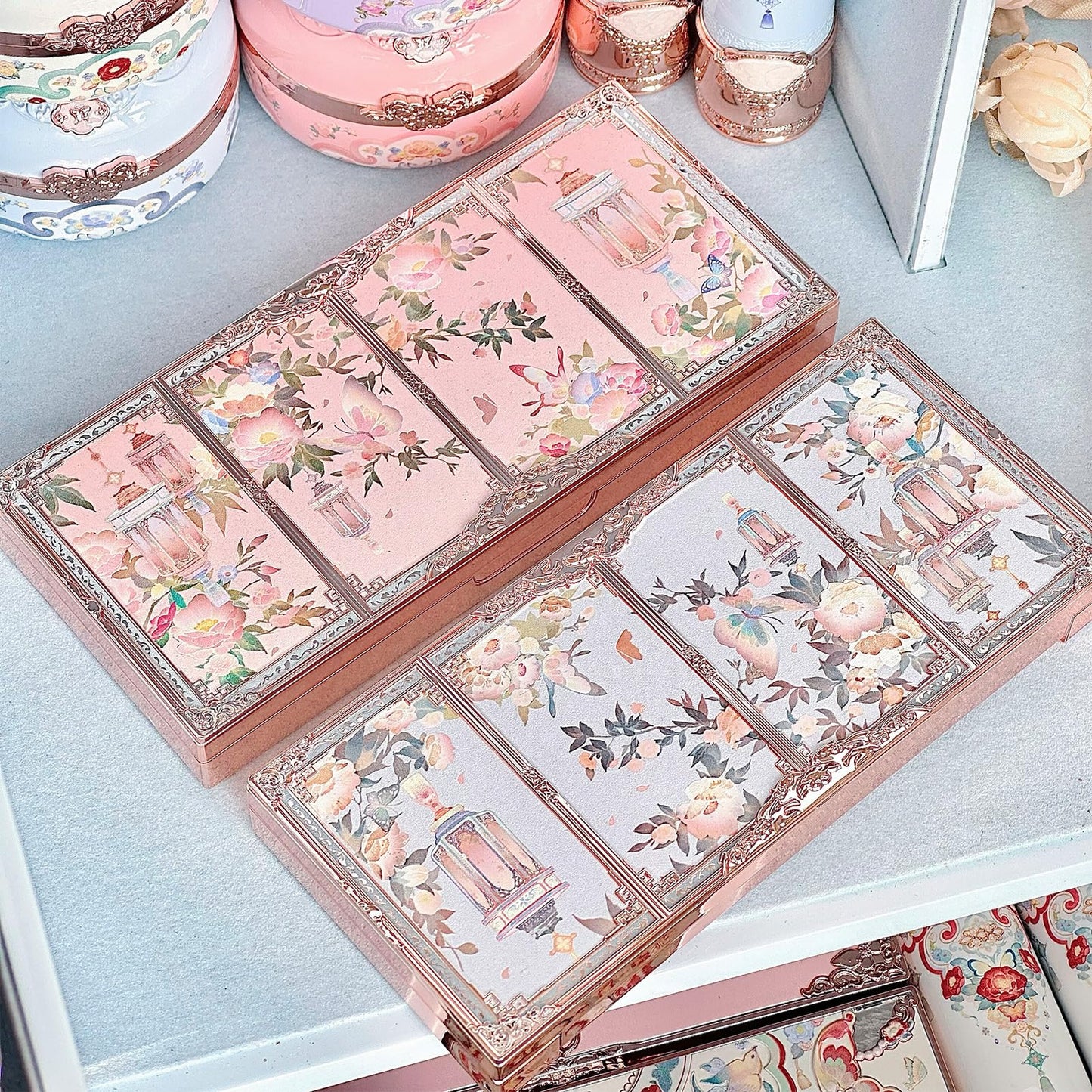 Authentic USA imported Flower Knows makeup palette highlighting the detailed floral design motifs.