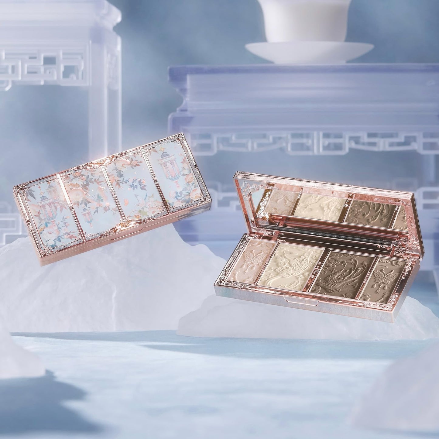 Side view of the premium metallic accented 4 color face defining cosmetic palette.